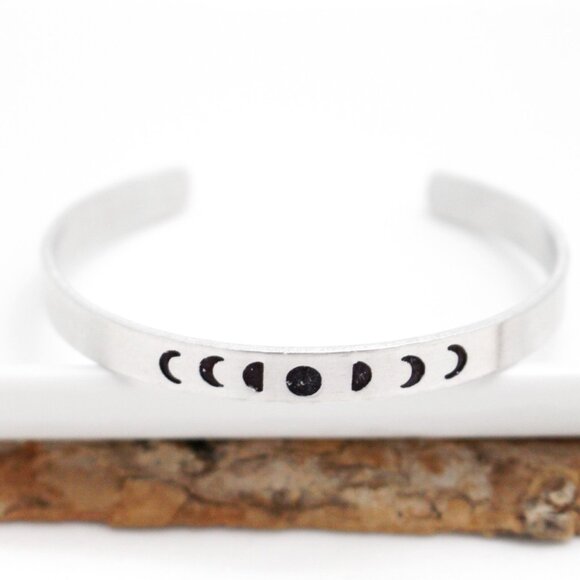 Moon Phases Bangle - Hand Stamped Anodized Aluminum Bangle - Adjustable - Picture 9 of 12